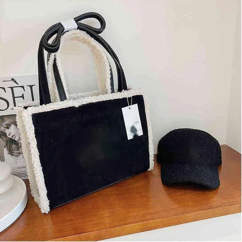 Handbags Brand Designer Winter Warm Fur Large Bag and Caps Women Luxury Fluffy Plush Tote Hat Set