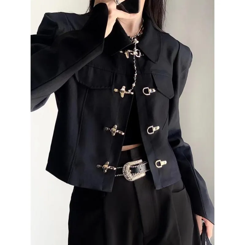 Vestes pour femmes femmes manteau 2022 printemps Style chinois mode bouton en métal bureau dame solide chaînes complètes col rabattu vêtements d'extérieur manteaux