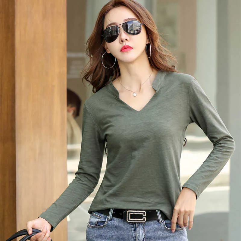 Shintimes Fall T 셔츠 여성 솔리드 베이직 V 넥 긴 소매 대나무 섬유 면화 한국어 Tshirt Womens Tops 티셔츠 Femme 210615