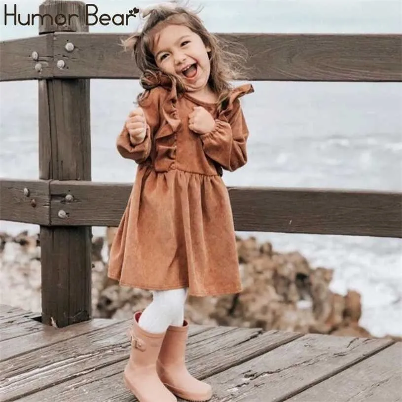 Humor beer herfst winter peuter meisje jurk lange mouwen katoen ruches prinses kinderen corduroy geplooide mode baby 211231