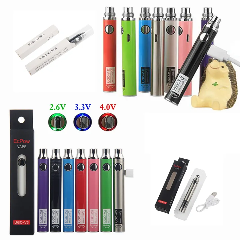 MOQ 20Pcs Authentiques UGO-V II 2 510 Fil Vape Pen Batteries UGO V3 Kits de batterie de préchauffage à tension variable EVOD VV eGo T Micro USB Passthrough Cartouche ecigs