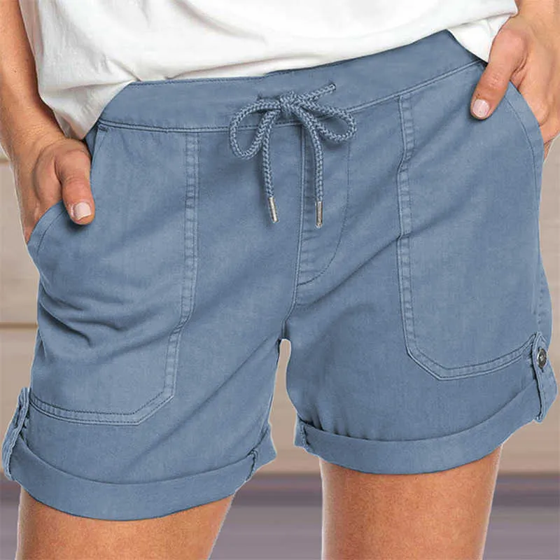 Zomer mode werkkleding shorts vrouwen pocket elastische taille trekkoord plus size vrouwelijke straatkleding jogging sport shorts 210608