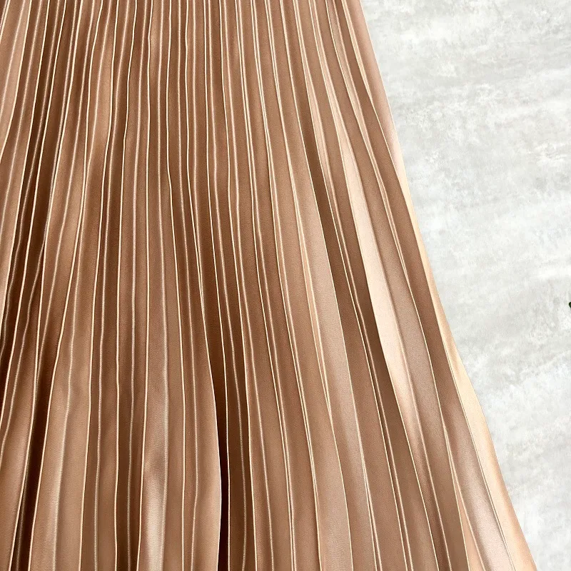 Metallic Spring Midi Skirt For Women Shiny Pleated Solid Color