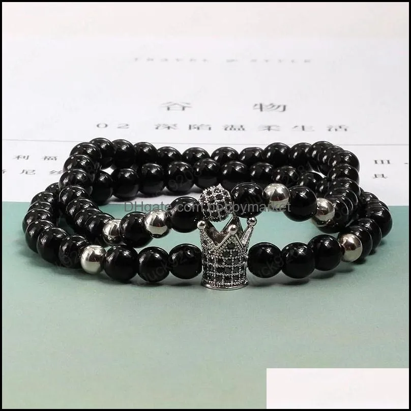 2pcs/set Couple Bracelets Natural Stone Strands Black Rose Gold Sliver Color CZ Crown Ball Beads Men Bracelet Bangles Jewelry