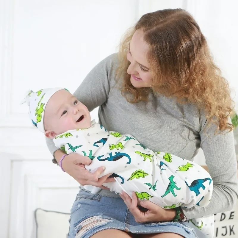 Обертывание для новорожденных от 0 до 6 месяцев, противоударное детское конверт, одеяло, шапка, комплект спального мешка KF669 210309