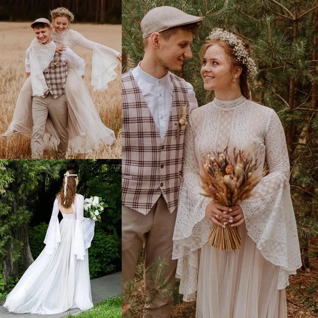 빈티지 컨트리 스타일 보헤미안 라인 웨딩 드레스 긴 푹신한 소매 높은 보석 목 Boho 레이스 Tulle Fairy Bridal Dresses vestido de noivas 사용자 정의