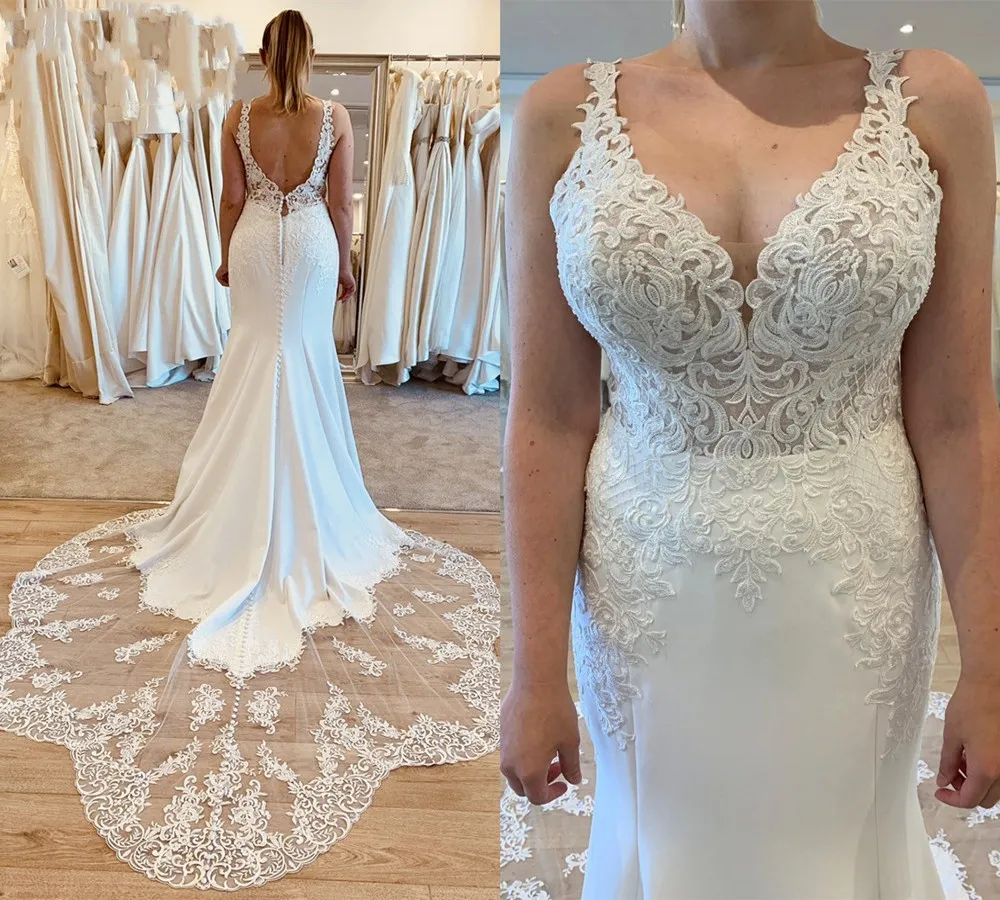 2022 Custom-Made Mermaid Wedding Dress Straps with V-Neck, Open Back, Satin Fabric, Tulle Lace Appliques, and Elegant Style - Perfect Robe de marie