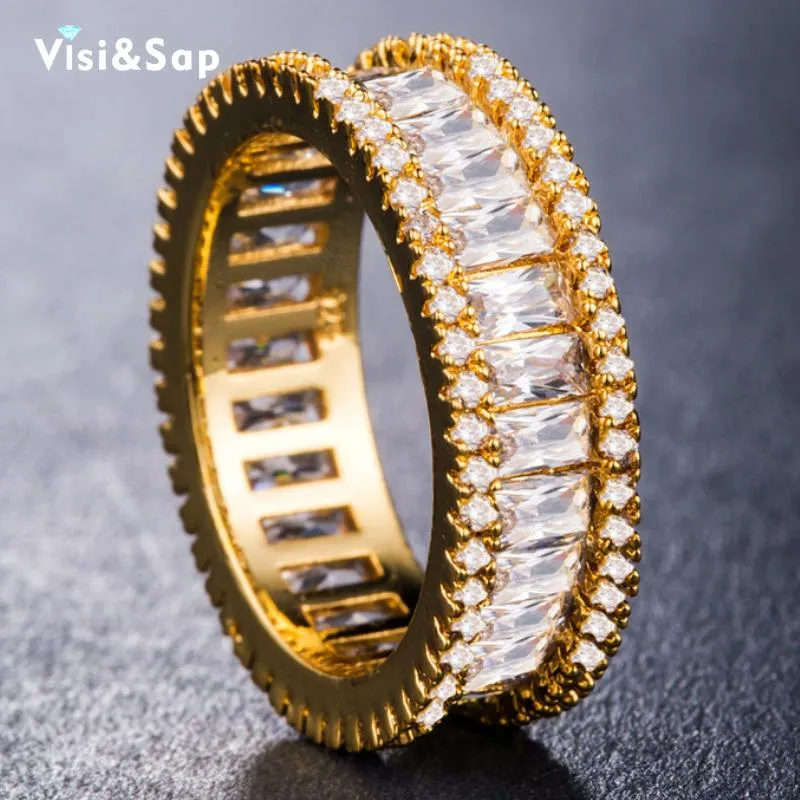 Obrączki ślubne Visisap Princess Cut Cyrkon Olśniewający Dla Kobiet Luksusowe Zespoły Różowe Białe Złoty Kolor Akcesoria Ring B983