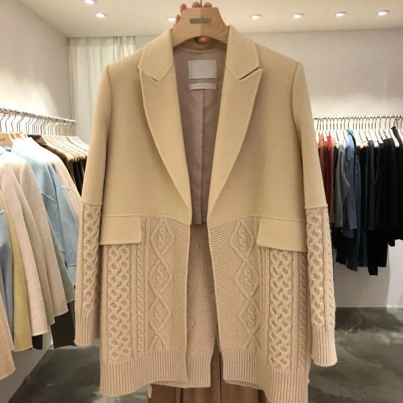 Women's Suits & Blazers Loose Wild Fashionable Casual Thin No Button Stitching Knitting Design Mid-length Suit Jacket Female Korean Style