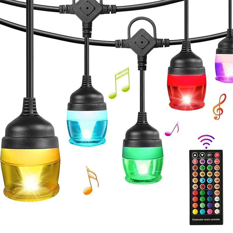 Outdoor String Lights 12 LED Shatterproof RGB Remote Sync Music Backyard Hanging Patio Solar Powered Colorful Warm White
