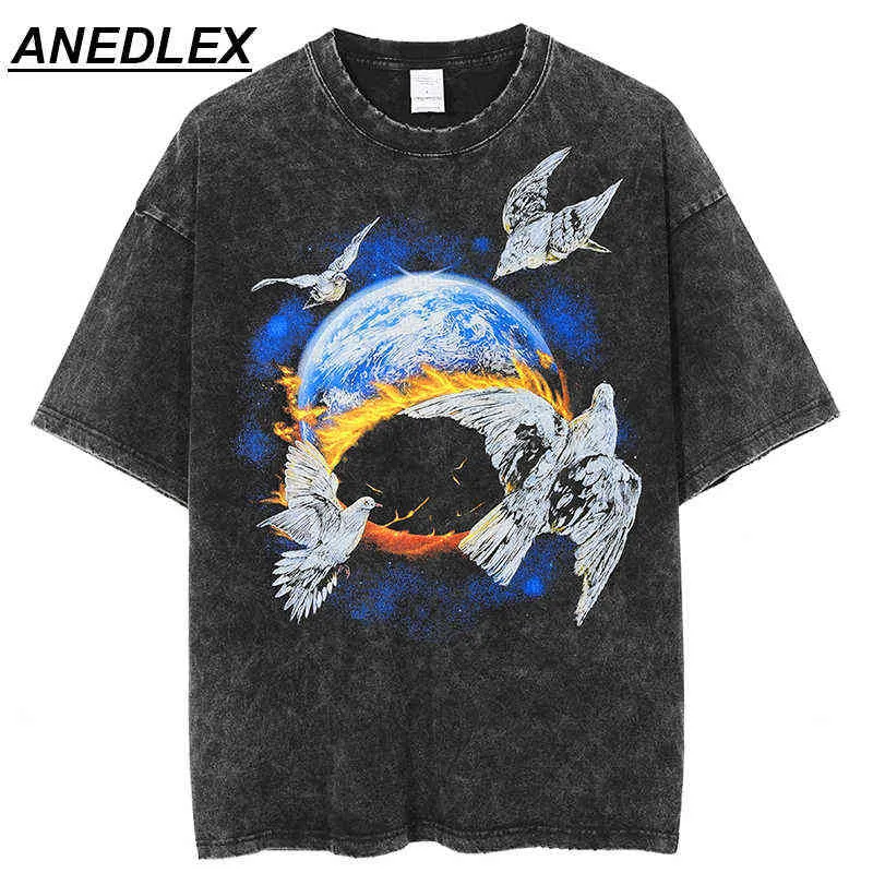 Hip Hop Streetwear Washed T-shirt Pigeon Flame Earth Print T Shirt 2022 Summer Short Sleeve Tshirt Men Harajuku Cotton Tee Black G1217