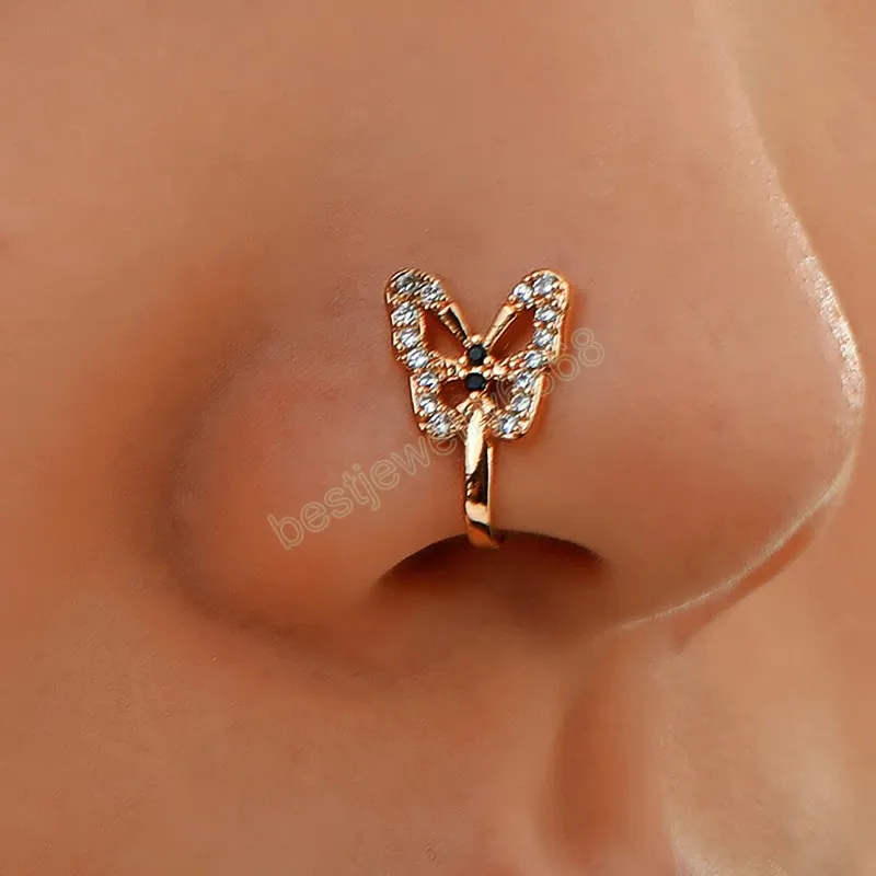 Diamant clouté cristal papillon faux nez anneau trou gratuit pince-nez bijoux de perforation style indien