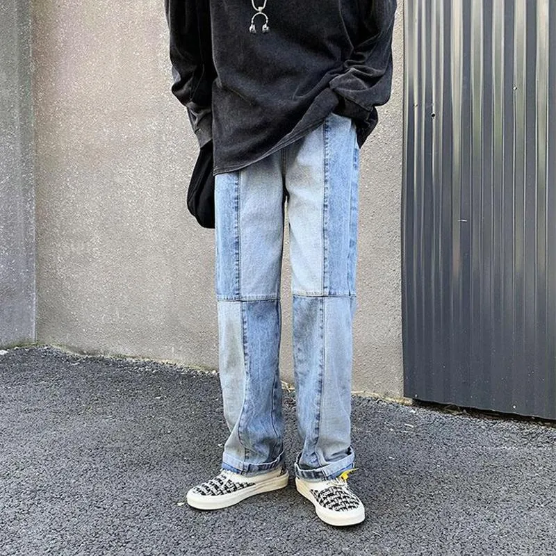 Outono moda marca homens emenda larga perna jeans homens coreanos coreanos soltos jovens tendência calça casual