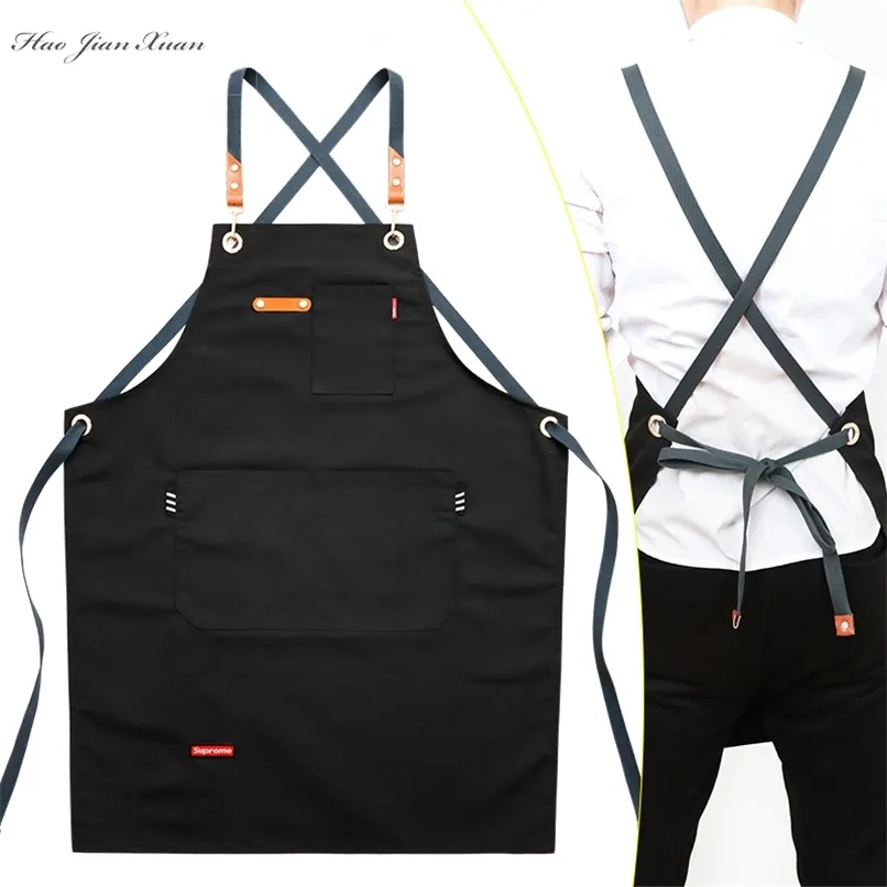 Mode Unisex Werk Schort voor Mannen Canvas Zwart Bib Verstelbare Koken Keuken S vrouw met Toolzakken 210625