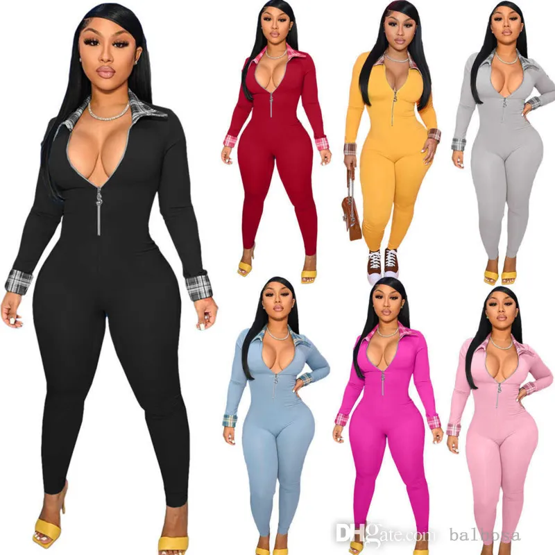 Bodysuits Women Jumpsuits Rompers Fashion Overalls Clothing Long Sleeve V-neck Zipper Onesies Bodycon Plaid Stitching Pants