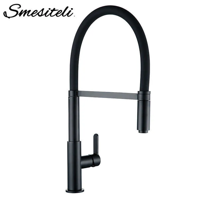 Smesiteli Kitchen Faucets Round Matte Black Brass Single Handle Single Hole 360 Degree Swivel Mixer Sink Tap Pull Out Down Taps 210724