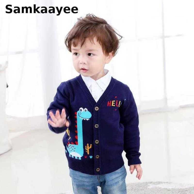 3-9y Kids Cardigan Baby Sweater Spring Autumn Boys Girls Knitted Clothing Children V-Neck Top Cartoon Clothes Dinosaur Knitwear Y1024