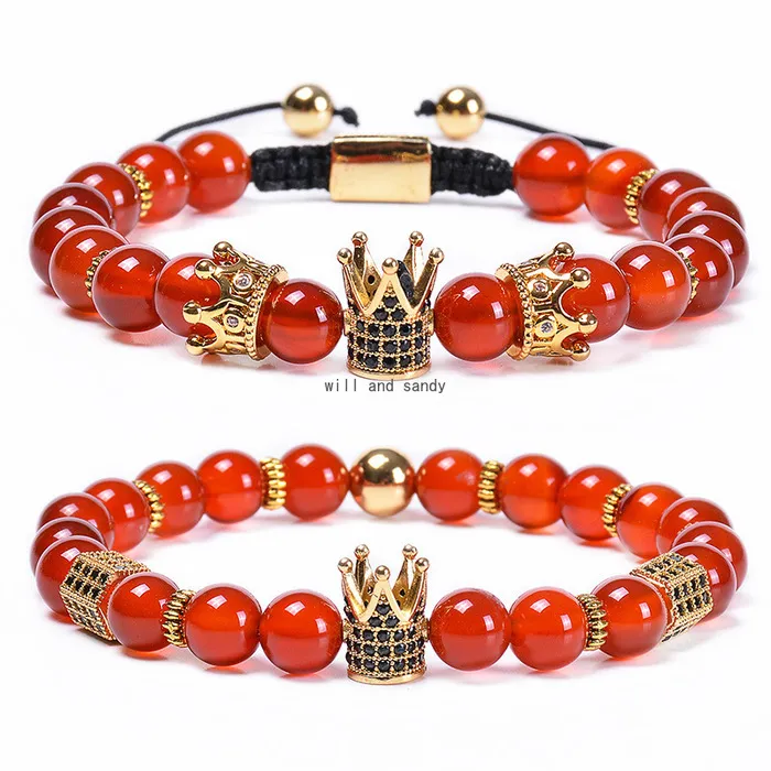 Red Agate beads Natural Stone Bracelet bead Copper Micro-inlaid Zircon Crown Bracelets adjustable Braided for women men fashion jewelry will and sandy