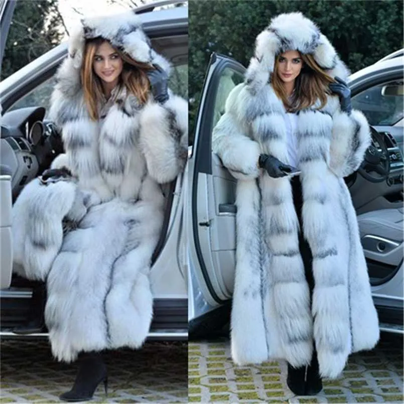 Femme Manteau D'hiver En Fausse Fourrure Veste Femmes Mode Haute Qualité Croix Longue Longueur Lâche À Capuche Pardessus 211213