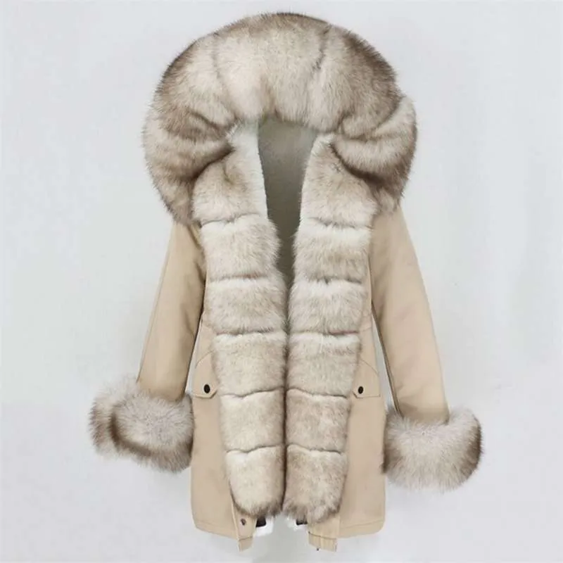 OFTBUY Mode Veste D'hiver Femmes Vrai Manteau De Fourrure Naturel Vrai Col De Fourrure Lâche Long Parkas Grande Fourrure Survêtement Détachable 210925