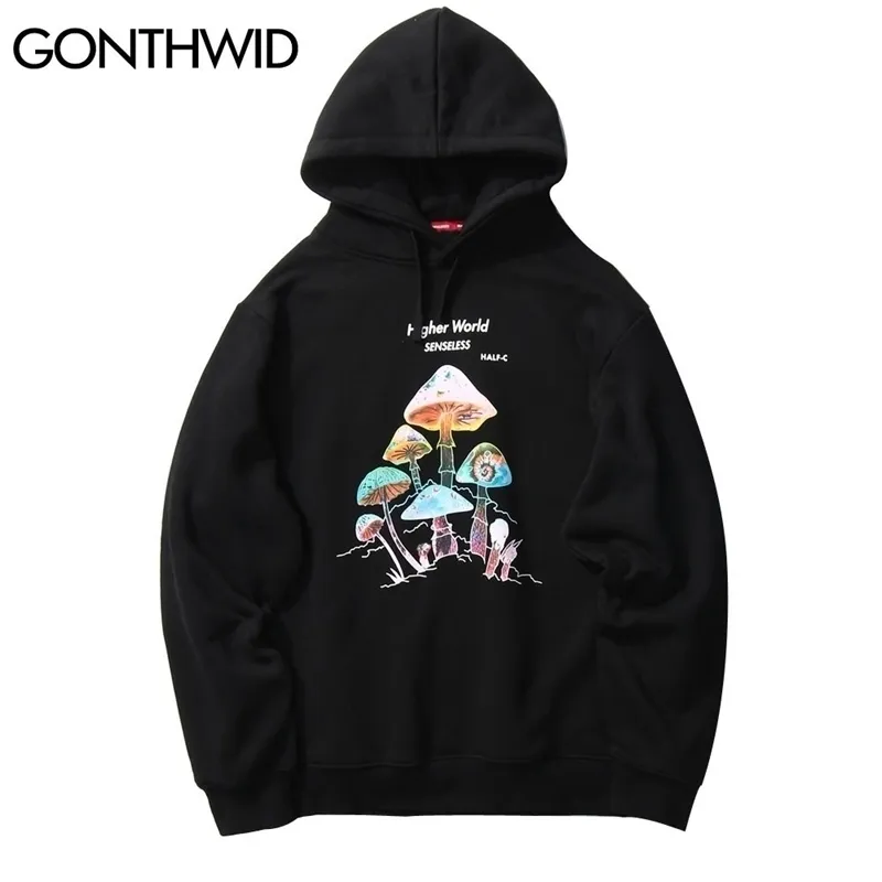 Gonthwid Kleurrijke Mushroom Print Hooded Sweatshirts Hoodies Streetwear Harajuku Casual Pullover Hoodie Mens Fashion Tops 201112