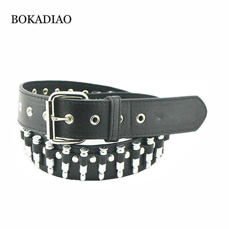 Bokadiao Men Leather Belt Punk Bullets Rivet Fashion Motorcycle Belts for Women Luxury Jeans Waistband Female Strap High Quality Q0630