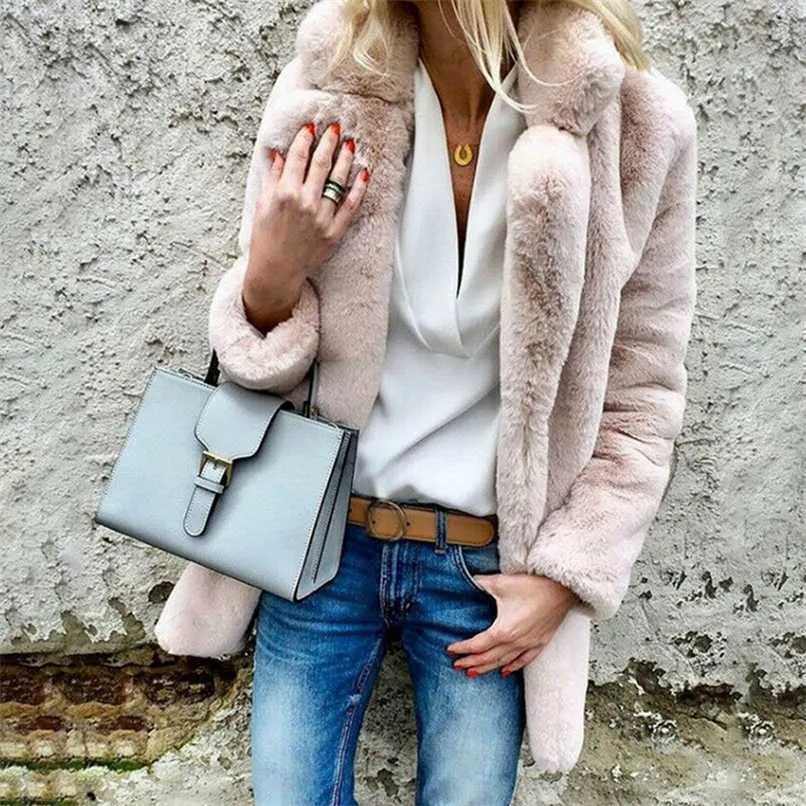 Teddy Fur Coats Women Fashion Faux Fur Coat Autumn Winter Fluffy Warm Plush Long Sleeve Lapel Jackets Ladies Outerwear 211019