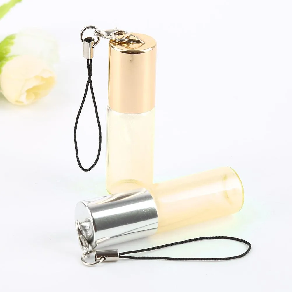 5Ml Pendant Pearl Lustre Color Rollon Metal Roller Ball Bottle Essential Oil Empty Perfume Glass Vials Key Chain Glass Roller Bottles DH8570