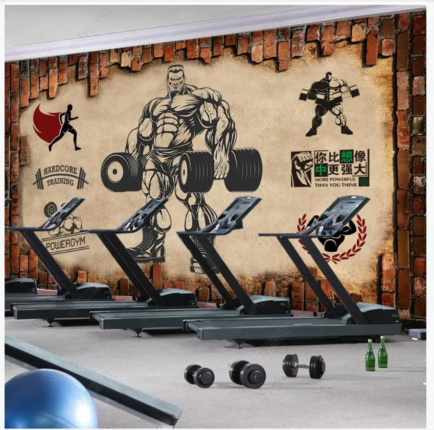 Papel de parede personalizado Foto 3D Ginásio Murais Papel de Parede Nostálgica Parede Parede Tijolo Retro Sports Fitness Clube Imagem Mural Fundo Parede Papéis