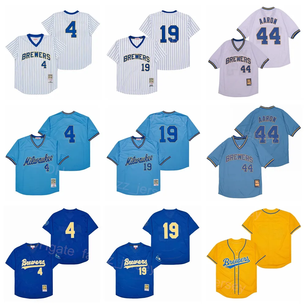 Save Big on Bulk Baseball Jerseys Retro Vintage Baseball Jersey 1982 Retro  Style, Yount #19, Molitor #4, Aaron #44, Team Colors Blue/Yellow/White