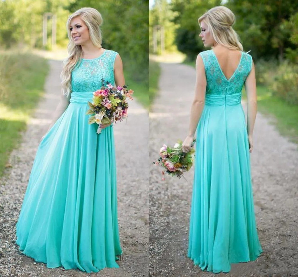 2021 Nya Teal Country Bridesmaid Dresses Scoop A Line Chiffon Lace V Backless Maid of Honor Gowns för bröllop Gästklänning Lång Formell Party Evening Prom Dress