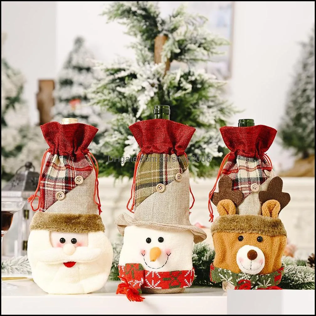 Christmas Wine Bottle Cover Santa Snowman Elk Wine Bottle Set Christmas Table Decoration Drawstring Pocket HWD9830