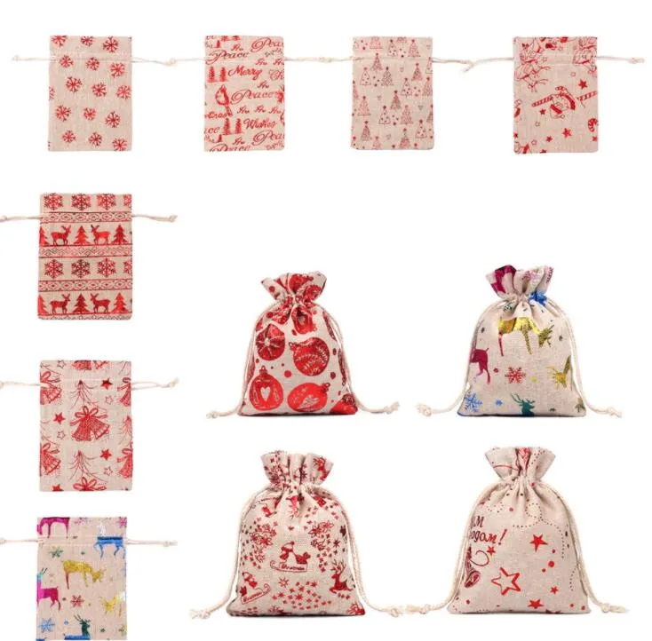 Bunte Leinen-Weihnachts-Baumwollbeutel, 10 x 14 x 13 x 18 cm, für Zuhause, Party, Musselin, Süßigkeiten, Geschenke, Schmuck, Verpackung, Beutel mit Kordelzug, Geschenktüten, Beutel SN5643