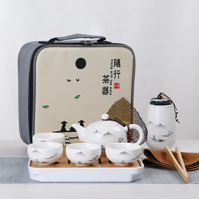 Seramik çaydanlık bir pot dört fincan açık seyahat demlik tote çanta seyahat fincan seti hediye çince set