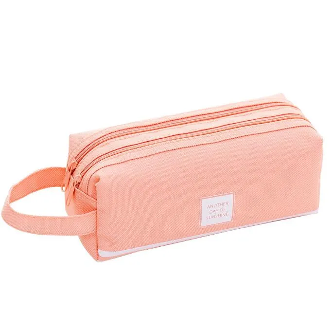 Double-layer canvas Stationery Box Simple Multifunctional Pencil Box Zipper Pen Bags Large Capacity Pencil Case School Supplies 6 colors