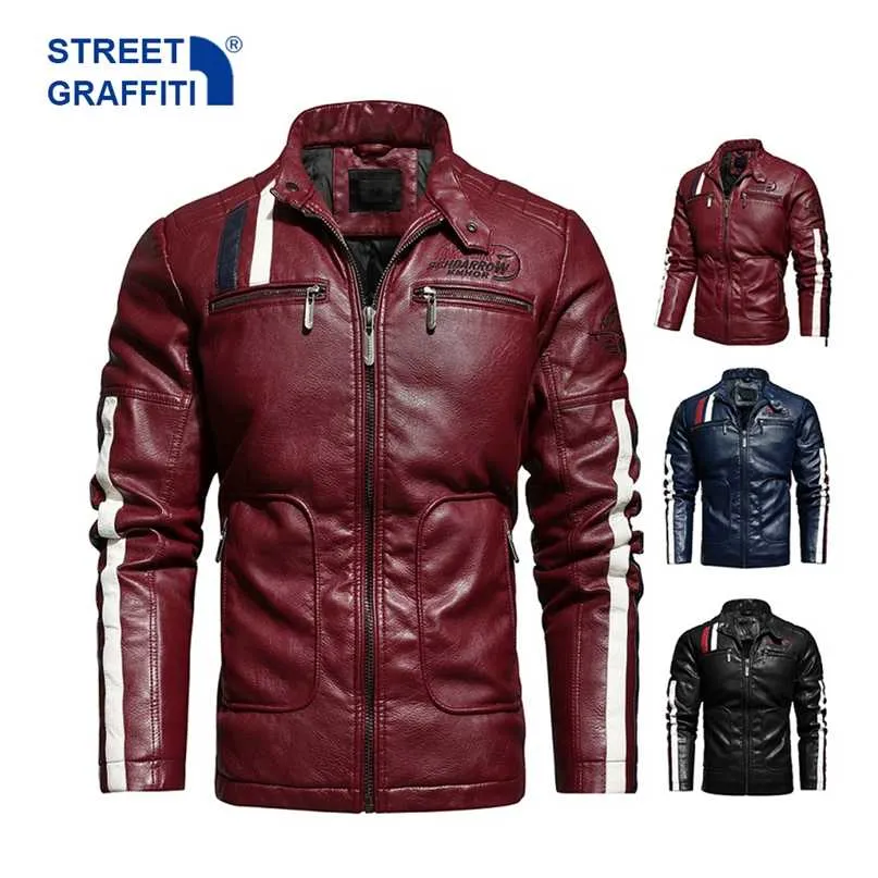 Erkek Motosiklet Ceket Sonbahar Kış Erkekler Faux PU Deri Ceketler Rahat Nakış Biker Coat Fermuar Polar Erkek Ceket 211008