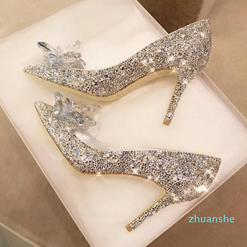 Fashion-Cinderella أحذية حجر الراين عالية الكعب النساء مضخات أشار تو امرأة كريستال أحذية الزفاف حفلة 5 سنتيمتر / 7 سنتيمتر / 9 سنتيمتر