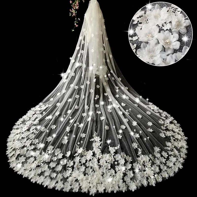 Bridal Veils Cathedral Veil Bride Shining Starlight Fabric 3D Three-dimensional Flower