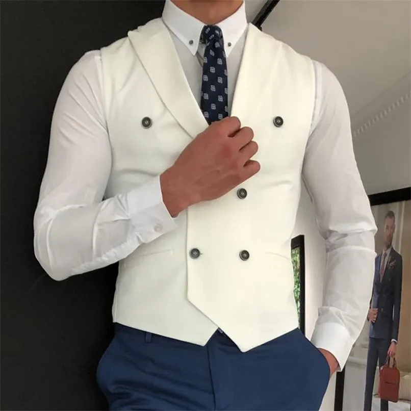 Wit slim fit mannen vest met dubbele breasted aangepaste mannelijke pak wasitcoat piekte revers bruiloft gromsmen taille jas 210923