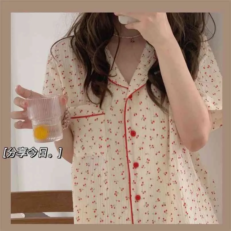 Damska piżama Lato Bawełniana Bawełniana Bawełniana Bawełna Koreańskie Dziewczyny Cute Print Piżama Loose Lapel Pijamas Plus Size 2 Szpinia Zestaw Kawaii Kostium Home 210809