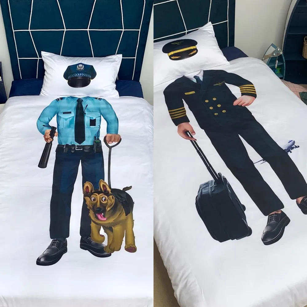 2 pezzi di biancheria da letto giocosa copripiumino set di biancheria da letto per bambini regalo per bambini biancheria da letto singola capitano astronauta capo della polizia con 1 federa C0223