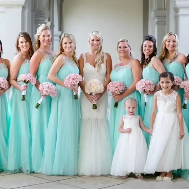 Mint Green Bridesmaid Dresses Sleeveless Halter Tulle Plus Size Floor Length Custom Made African Maid Of Honor Gown Country Wedding Party Vestido 403