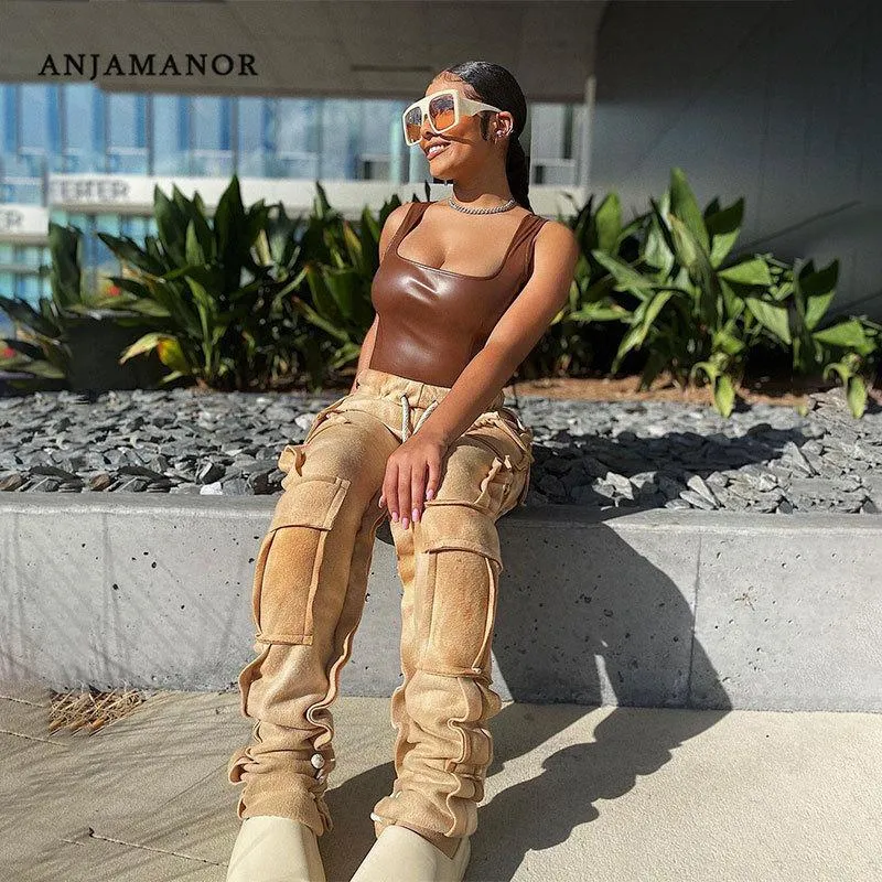 ANJAMANOR Multi Pocket Drawstring Stacked Sweatpants Street Style Tie Dye Cargo Pants Y2k Clothes Women 2021 Trousers D13-DE31