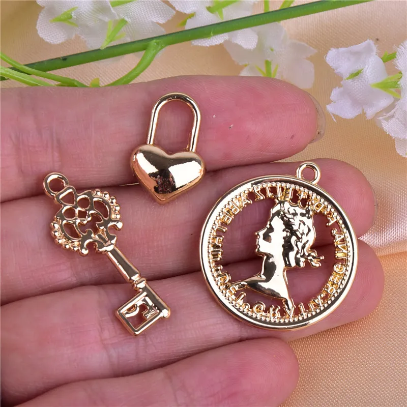 20 teile/paket key Lock Dame gesicht Metall Charms Goldene Basis Ohrring Armband DIY Schmuck Machen