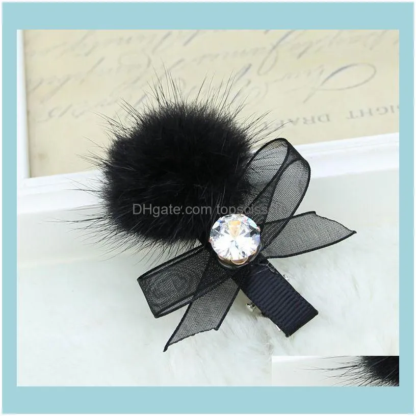 Korean Style Hair Accessories Mink Clip Fur Ball Zircon Bow Headdress1