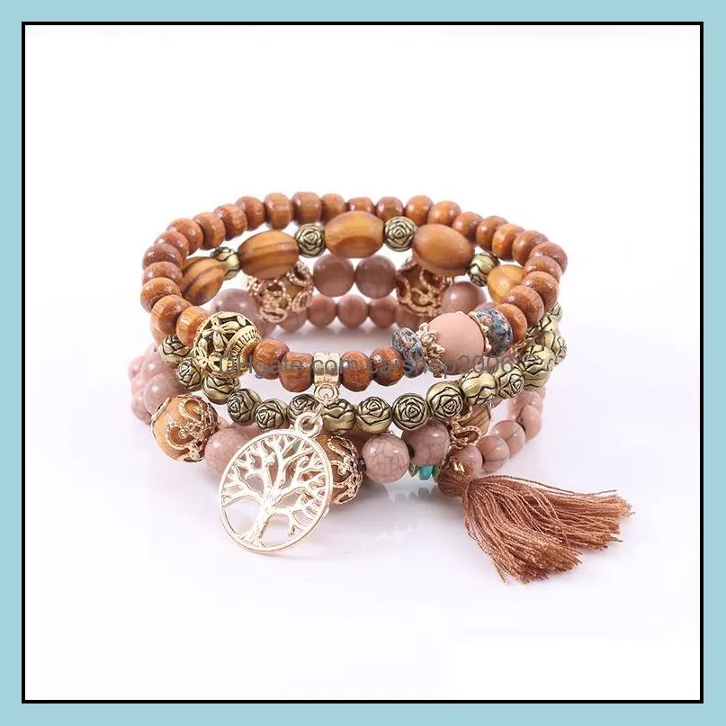 Bohemian Multilayer Charm Bracelets Colorul Wood Beads Bracelet Life Tree Pendant Tassel Elastic Bracelets Bangles for Women Men Jewelry
