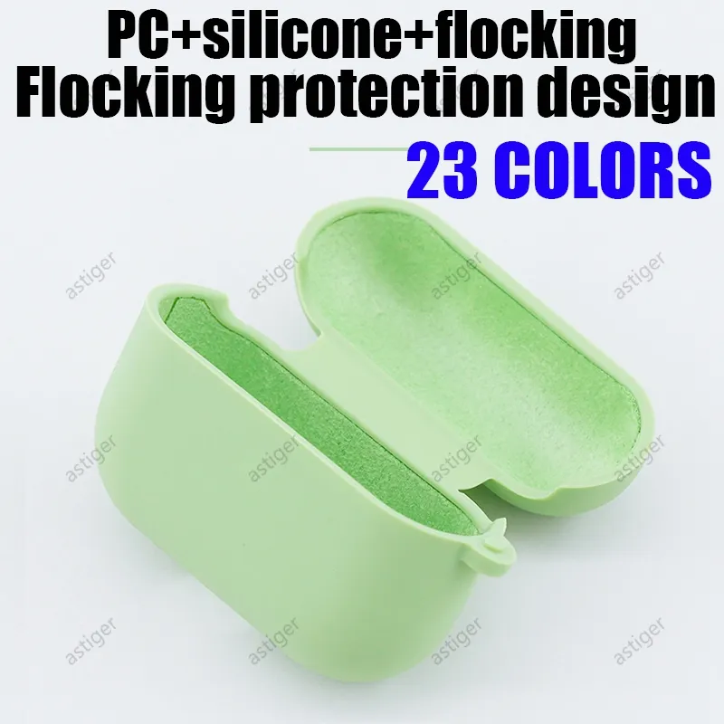 Para Airpods Pro 3 2 1 Caso de fone de ouvido PC Líquido Silicone Silicone Flocando Candy Color Ar Pods Headphone Shell Capa protetora anti-gota com gancho de metal anti-perdido