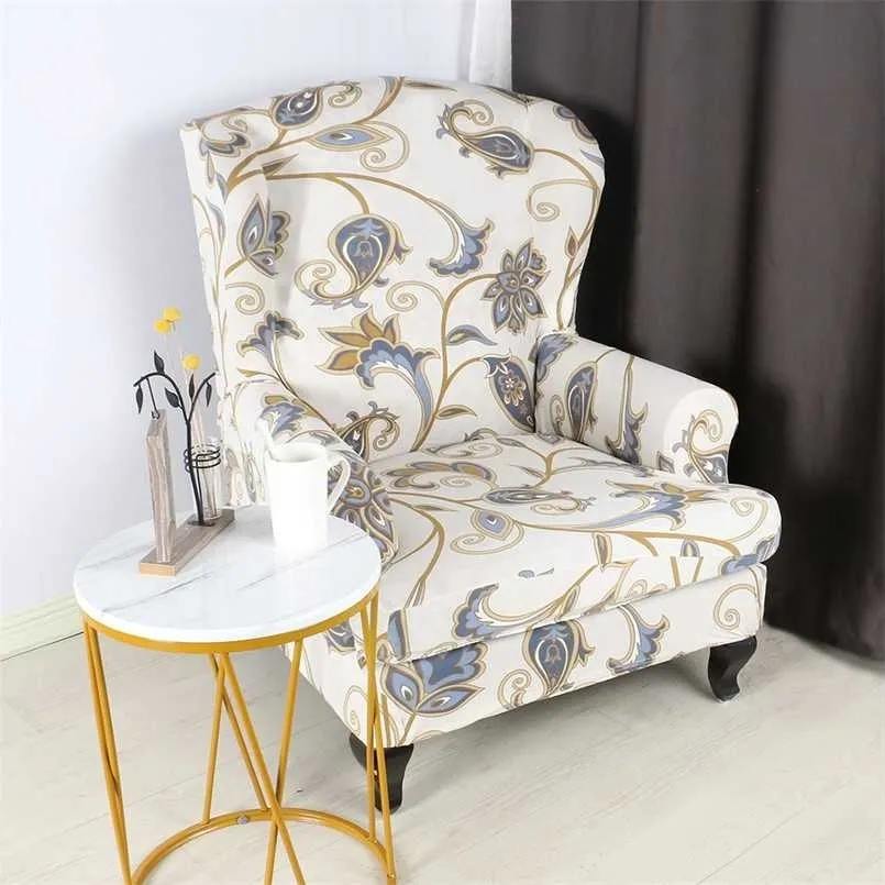 Printed Sloping Arm King Armchair Cover Elastic Slipcover Wingback Wing Sofa Back Chair Stretch 211116