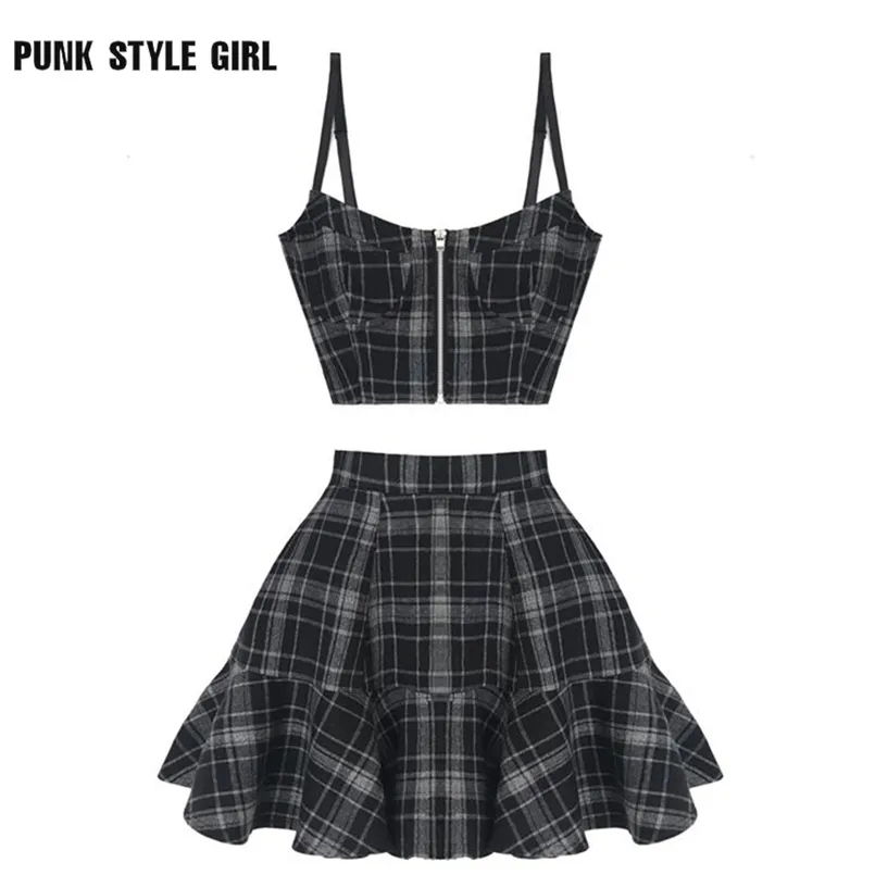 Gothic Grunge Suits Vrouwen Y2k Kawaii 2 Stuk Plaid Crop Top + Hoge Taille Mini Rok Punk Streetwear Rokken Vrouwelijke sexy 2 Stuks Sets 220221