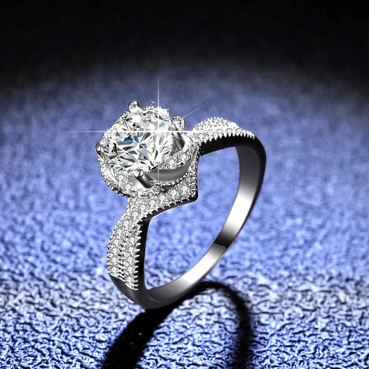 Womens Engagement Rings 14K White Gold Plated Sterling Silver Moissanite Ring Twist Flower Wedding Band Diamond Jewelry